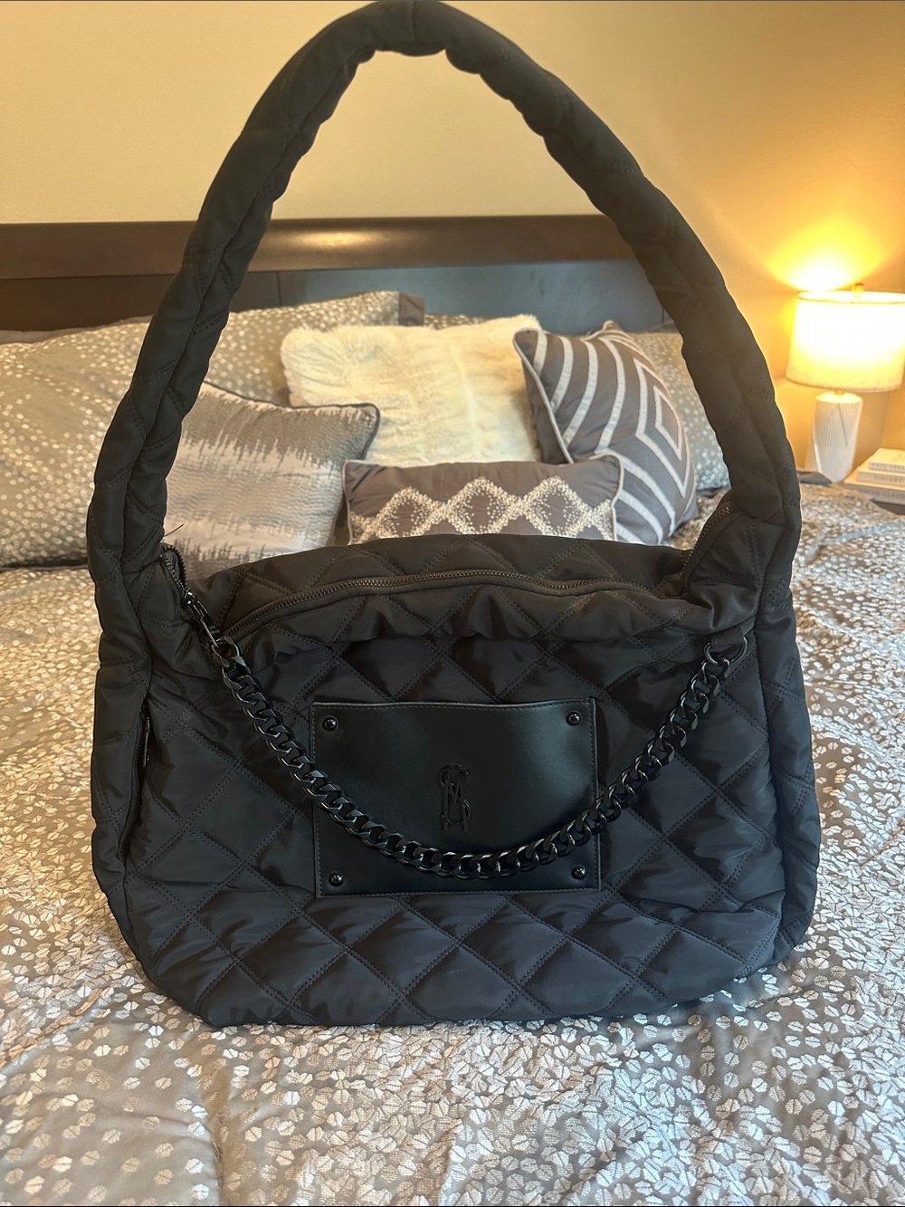 Steve Madden Quilted Black Shoulder Bag Tote with Chain Accent